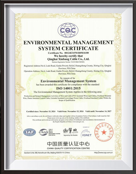 ISO 9001 quality management certificate for Xinbang control cable manufacturing